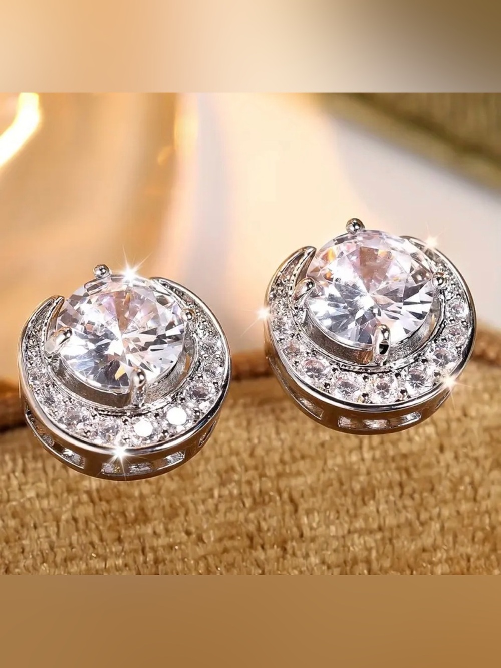 New Sterling Silver Clear Mojssanite Round Halo Moon Stud Earrings GRA Certified